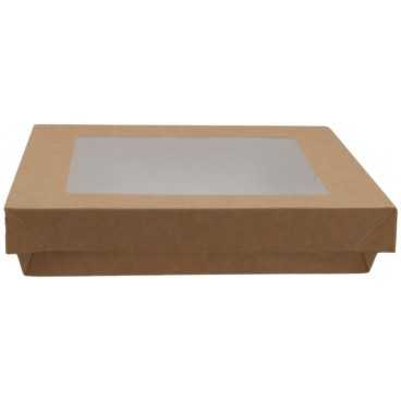 Caserole din carton + capac cu fereastra, 210 x 210 x 40 mm, kraft natur + alb
